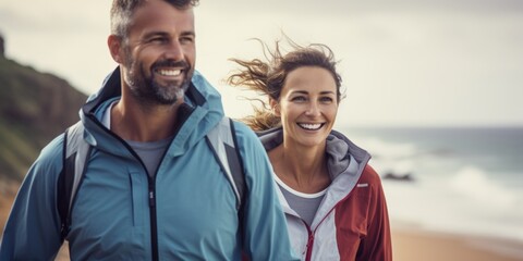 Naklejka premium Cheerful athletic senior couple smiling while running in a seashore. Generative AI.