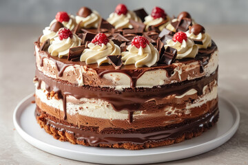 luxurious layered ice cream cake with raspberries and chocolate pieces on white plate