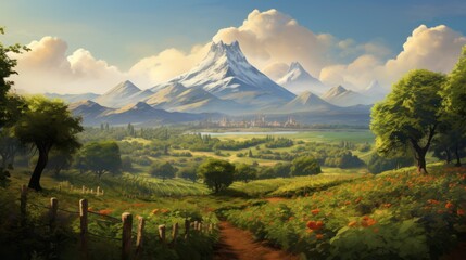 Orange farm with beautiful mountain view,landscape of snow-capped mountains under a cloudy sky, with lush green valleys and rocky terrain - Powered by Adobe