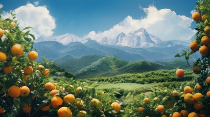 Orange farm with beautiful mountain view,landscape of snow-capped mountains under a cloudy sky, with lush green valleys and rocky terrain