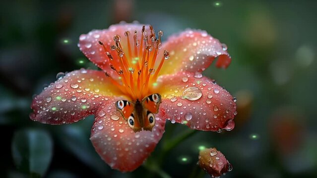 Enchanting Garden: Macro Photography of Pink Lily with Butterflies and Fireflies. Seamless looping 4k timelapse virtual video animation background generated AI