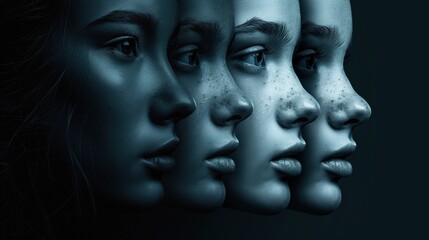 Side-On Portrait of Four Women in Green Tones, Headshots, State of Mind Concept

