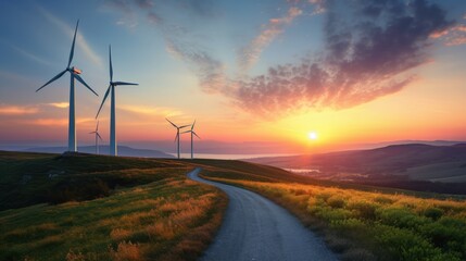 Obraz premium Landscape of a wind turbine field with beautiful mountains,wind turbines ,clean energy to create a brighter, greener, 