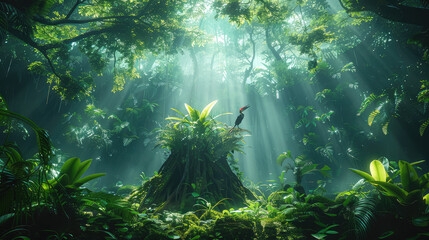 A lush rainforest scene with rays of sunlight piercing through the canopy, highlighting exotic birds and vibrant flora. Created with Ai - obrazy, fototapety, plakaty