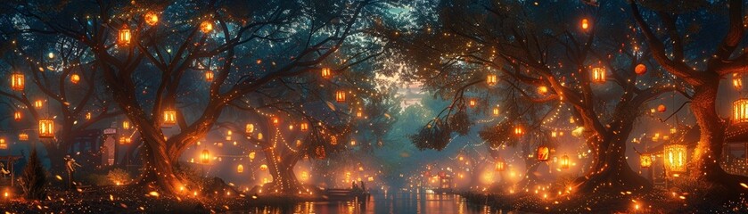 Enchanted forest festival, lantern lit trees, forest celebration painting, festival ground, festive lights, communal joy - obrazy, fototapety, plakaty