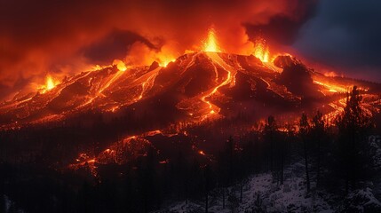 Active Volcano, volcanic birth, fire and ash, distant eruption, nights flame, molten descent 