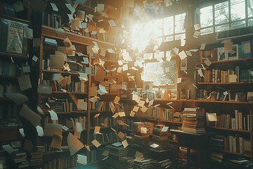 Enchanted library, floating books, literary magic scene, book swirl, morning enlightenment, boundless knowledge 