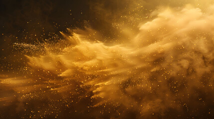 Golden sandstorm isolated on dark background. yellow sand whirl with particles and grains in the air. Desert concept for design banner - obrazy, fototapety, plakaty
