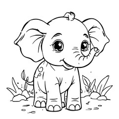 Cute cute elephant posing with plants around outline doodle cartoon illustration. Bold and easy coloring book page activity for kids and adults. Created with Generative AI