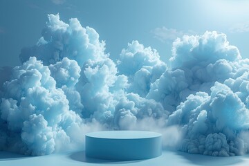 Surreal cloud podium with beauty product placement on blue sky