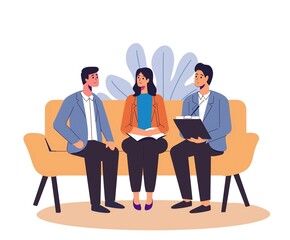 Cartoon Vector Illustration: Business Meeting in Office with Three People Sitting on Sofa

