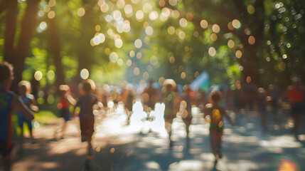Hazy background of kids participating in a sports event. bokeh effect - obrazy, fototapety, plakaty