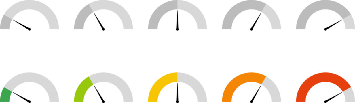 Dashboard colorful speedometer icons set. Tachometer icon isolated. Performance indicator sign. Car speed. Fast internet speed sign. Tachometer, speedometer, indicators, score. Customer satisfaction.