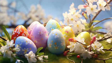 Decorative easter egg on the basket, various color of creative colorful festive eggs for spring festival on grass field
