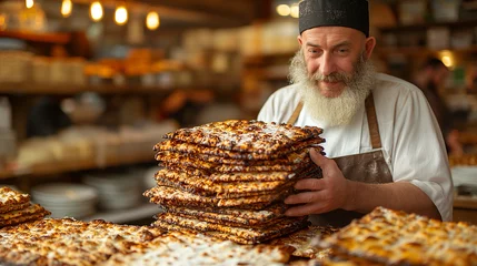 Rolgordijnen 7. Matzah Baking: In a rustic bakery, a Rabbi oversees the baking of traditional matzah, the unleavened bread of Passover. Flour swirls in the air as skilled hands knead the dough © Наталья Евтехова