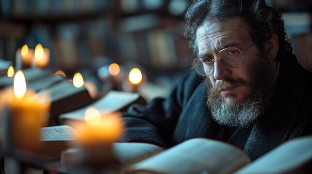 5. Torah Study: With reverence, a Rabbi studies ancient scriptures illuminated by the soft glow of candlelight. Surrounded by centuries of wisdom and tradition, the Rabbi delves de