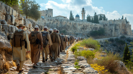 9. Pilgrimage of Faith: Along the ancient cobblestone streets of Jerusalem, a Rabbi leads a pilgrimage to holy sites, retracing the footsteps of ancestors who journeyed to the Prom - obrazy, fototapety, plakaty