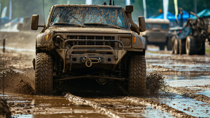 Rugged off-road vehicle splashes through a muddy terrain, its body covered with splatters from the adventurous drive.