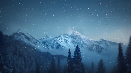 Impressive blurred sight of a winter vista on the mountain with snowy peaks and pines. starry sky.