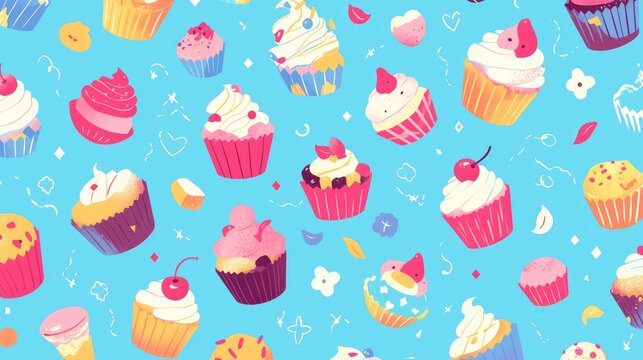 Vibrant hand drawn cupcake design on a blue backdrop creating a whimsical doodle pattern that seamlessly repeats Illustrated in 2d art