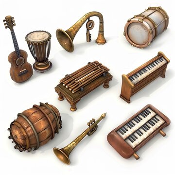 An assortment of isometric 3D icons representing various musical instruments, including keyboards, guitars, and wind instruments..
