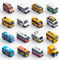 A colorful and clean set of 3D isometric icons representing a variety of public transportation vehicles including buses and vans, in a flat design style..