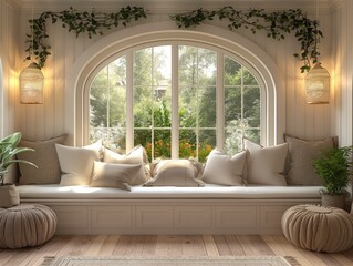 A window with a view of a garden and a potted plant. The room is decorated with white pillows and a rug
