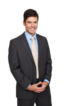 Businessman, portrait and happy with pride, isolated and confidence in studio or white background. Male person, professional and smilie in backdrop for recruitment, hiring and job opportunity in hr
