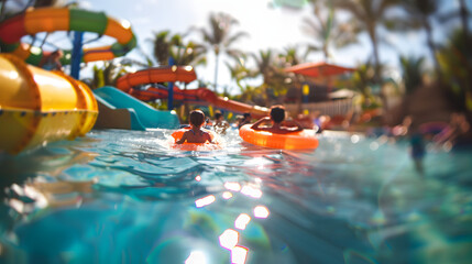Out of focus backdrop of kids having fun at a water park. bokeh effect - obrazy, fototapety, plakaty