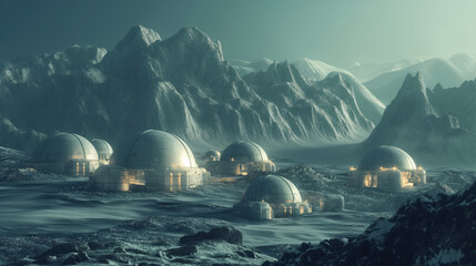 Futuristic domes reminiscent of lunar bases stand in an eerie, otherworldly landscape with towering mountains.