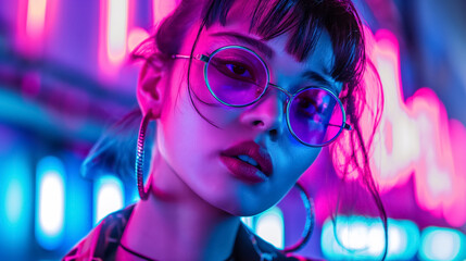 Stylish young woman with glasses reflecting vibrant neon lights, creating a trendy and futuristic atmosphere.