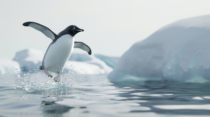 Fototapeta premium penguin leaping from iceberg in cold water