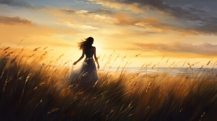 Silhouette of woman in dress against grass during sunset