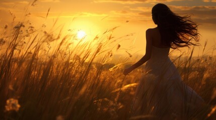 Silhouette of woman in dress against grass during sunset