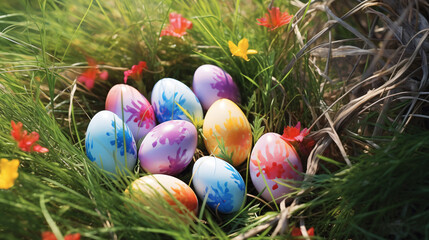 Decorative easter egg on the basket, various color of creative colorful festive eggs for spring festival on grass field