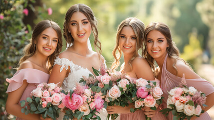 Four women in pink dresses are smiling at the camera. They are all holding bouquets of flowers.

