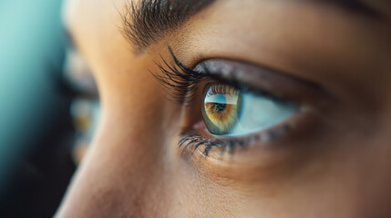 Close-up of a woman's beautiful hazel eye, with detailed eyelashes and reflective expression.