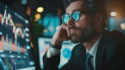 Man with glasses looks pensively at multiple data screens, analyzing complex information in a dark office.
