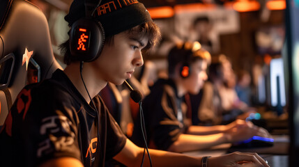 Young gamer wearing headphones is intensely focused while competing in a dark, illuminated gaming environment.