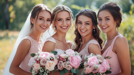 Four women in pink dresses are smiling at the camera. They are all holding bouquets of flowers.

