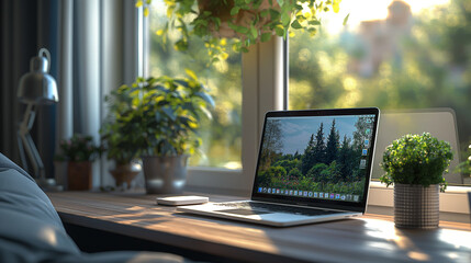 A modern design desk is adorned with a sleek, open laptop on the right side, its screen displaying an inviting homepage. The setup harmonizes with the minimalist decor.