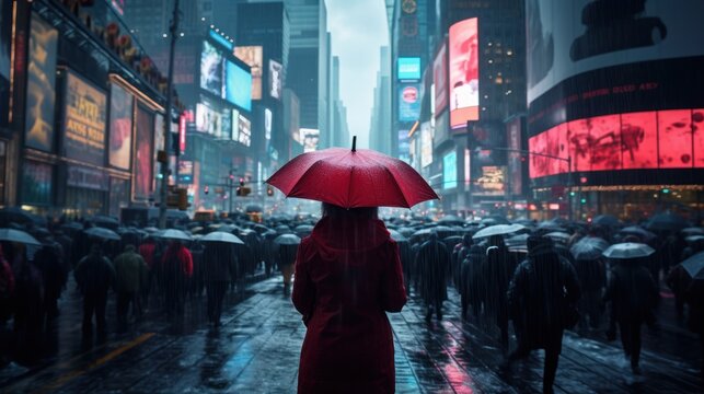 life in the big city continues unabated concept, with commuters braving the rain-soaked commute, the back of a woman holds a red umbrella to protect from the rain.