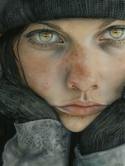 Illustration Sketch: Miserable Teenage Girl in Winter Attire, Close-Up 

