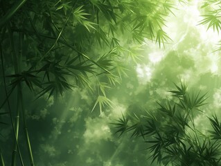 A lush green forest with tall bamboo trees. The image has a calming and peaceful mood, as the trees are tall and green, and the sunlight is shining through the leaves