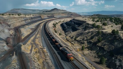 Aerial View of Winding Coal Transport Railway through Rugged Mountainous Landscape to Processing Plant