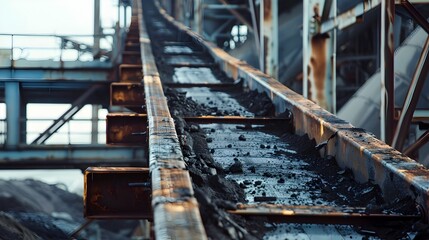 Massive Conveyor Belt System Transporting Coal from Mine to Processing Facility with Gritty Industrial Details