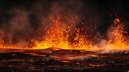 Red lava flow isolated on black background. fiery magma with sparks and smoke in the air. Fire concept for design banner - obrazy, fototapety, plakaty