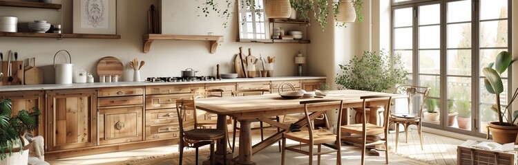 lovely interior for dinning in wood elements cottage withe big windows and day light - obrazy, fototapety, plakaty
