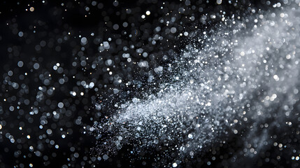 Obraz premium Silver glitter explosion isolated on black background. shiny sparkles with dust and specks in the air. Celebration concept for design banner