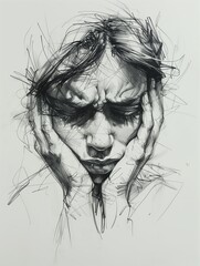 Rough Sketch: Depressed Woman Portrait with Hands on Face, Illustration 


